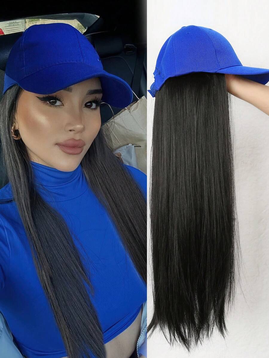 Women's 26-Inch Long Straight Hair With Adjustable Blue Baseball Cap, Natural And Realistic, Suitable For Women.