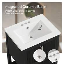 24" Bathroom Vanity With Ceramic Sink, Freestanding Solid Wooden Frame Vanity With Porcelain Basin, Industrial,2-Door Storage Cabinet & Open Shelf For Small Place Bathroom Accessories,Black - 黑色的 - 查看 6