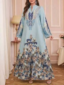 Solessence 女士开斋节和宰牲节时尚提花印花串珠 V 领长袖连衣裙，复古优雅休闲长袍 - 淺藍色 - 查看 2