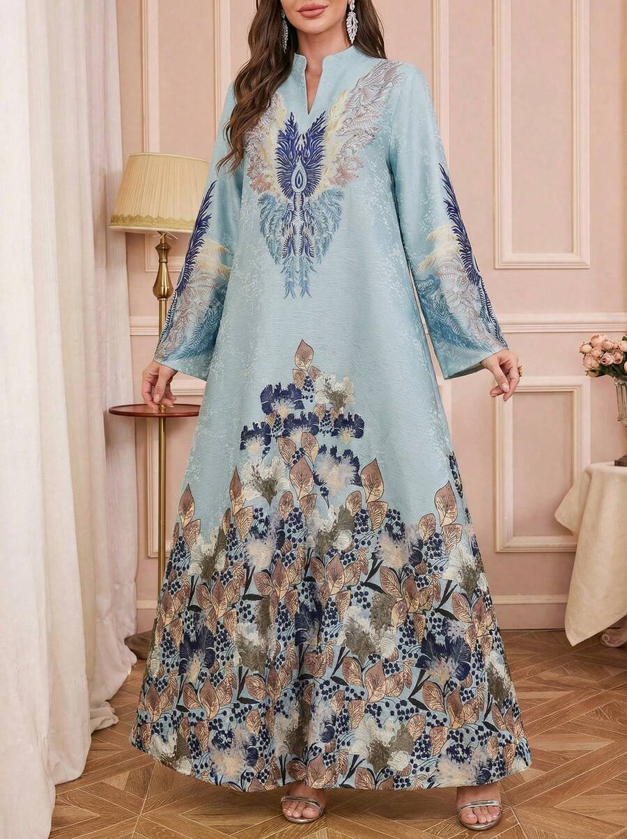 Solessence 女士开斋节和宰牲节时尚提花印花串珠 V 领长袖连衣裙，复古优雅休闲长袍