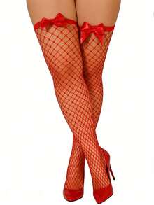 1双女士红色蝴蝶结网眼过膝袜，性感风格，缎面蝴蝶结装饰，适合情人节约会、圣诞派对、新年夜、烛光晚餐等场合，吸睛约会单品 - 彩色 - 查看 7