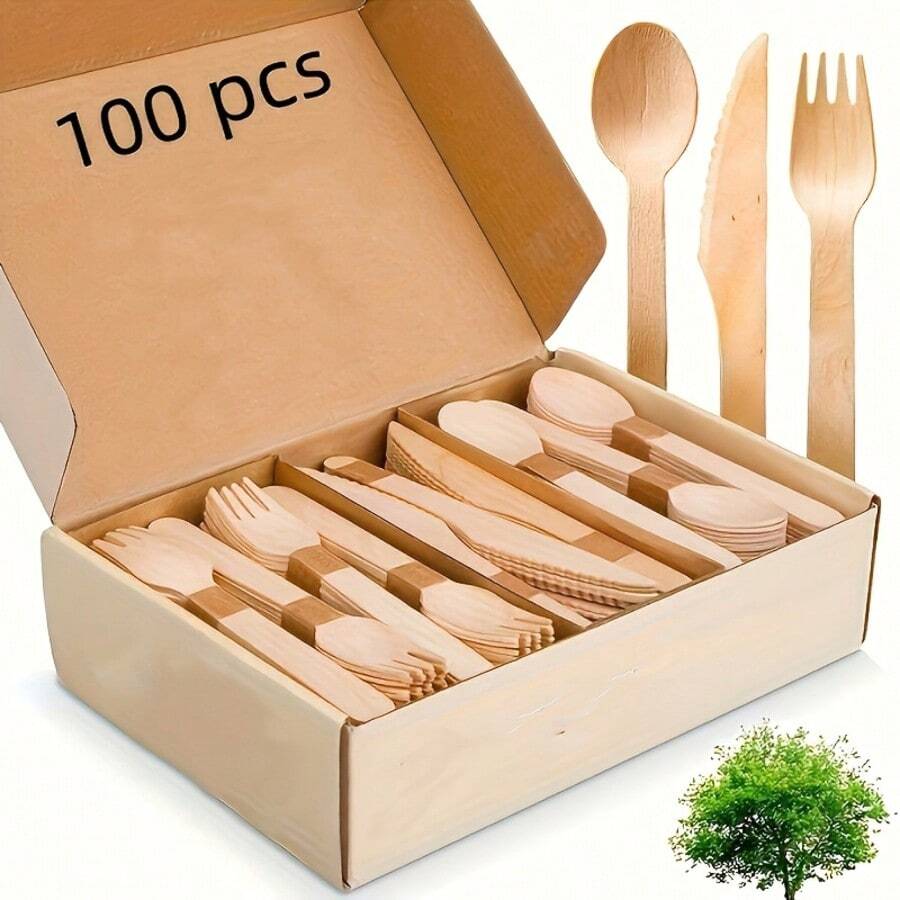 100/200件套木制餐具，5.5/6.3英寸天然桦木一次性叉子、刀子、勺子，可堆肥，光滑无毛刺，适用于生日派对、婚礼、野餐、烧烤、甜点、沙拉、商业用途