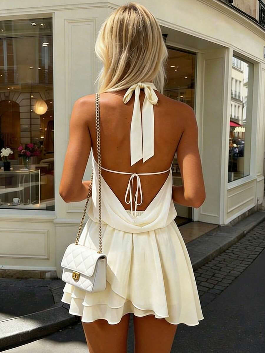 Women's Elegant Romantic Halter Backless Ruffle Mini Dress With Safety Shorts, Suitable For Beach In Spring/Summer