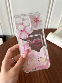 Pink Lotus Healing Style Phone Case With Card Slot, Compatible With IPhone 11/17/17pro/13/14/15/15pro/15 Plus/15 Promax/16/16pro/16plus/16promax/7plus/8plus/X/Xs Max/Xr/17Air/12pro/13pro/14pro/17Promax/13mini/11promax/12promax/13promax/14promax/14plus/6/6s/6plus/7/8/Se/17proMax Transparent Card Holder Protective Cover - Multicolor - View 4