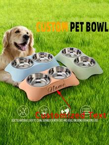 Customizable Name Or Text Stainless Steel Double Bowl Pet Food Bowl, Non-Slip Bottom And Easy-Clean PP And Steel Pet Feeder, Suitable For Pet Birthday And Anniversary Gifts - Multicolor - View 2