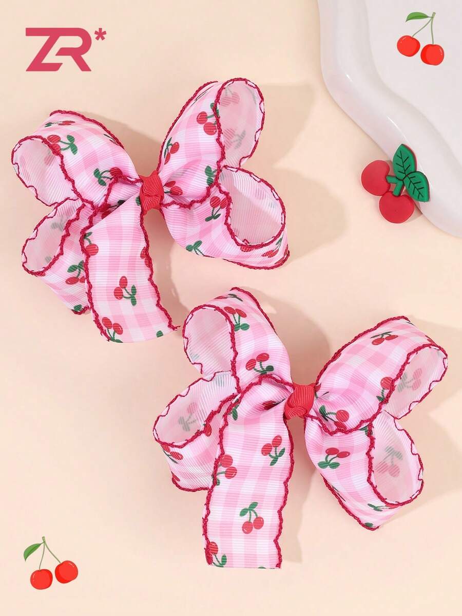 2个樱桃印花蝴蝶结发夹,格子蝴蝶结发卡,鳄鱼夹,甜美可爱罗缎发卡,精致樱桃图案发饰,适合日常、夏季、假日、旅行 - 彩色 - 查看 1