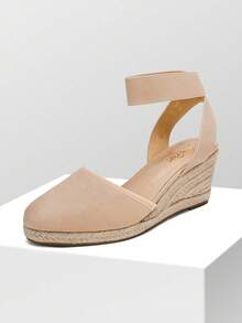 Sandalias de cuña de esparto de 5,5 cm para mujer, con punta cerrada y correa elástica en el tobillo, para vacaciones, ir al trabajo y verano - Albaricoque - Ver 4