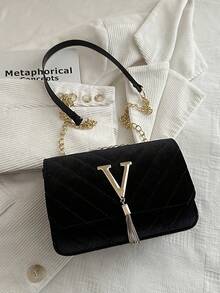 时尚纯色菱格纹翻盖小方包，时尚PU链条斜挎包，女士时尚流苏装饰迷你单肩包钱包，适合购物 - 黑色 - 查看 8