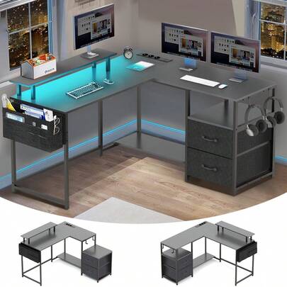 Gamingbureau LED met verstelbare planken, L-vormig computerbureau met 2 USB-poorten en 3 stopcontacten, monitorhouder voor thuis, 120x120x75 cm, zwart