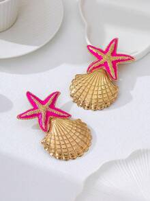 一对度假风海洋主题女士耳环，饰有时尚的波西米亚贝壳、海星和其他海洋生物造型。耳环采用夸张的金属设计，适合日常佩戴、街头风和海滩派对。 - 一對耳環 - 查看 6