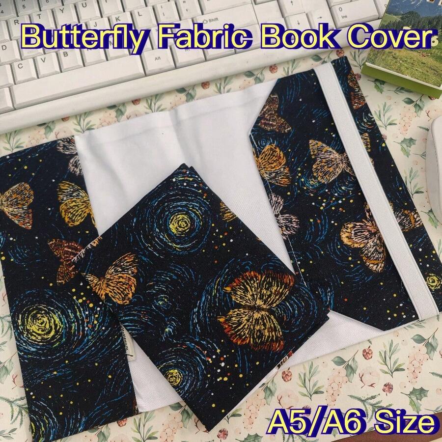 1 pieza Funda de libro de tela con mariposas negras y de colores en tamaño A5/A6, funda de libreta de lino hecha a mano, protector de planificador, para embellecer y proteger libretas y libros - Una pieza - Ver 1
