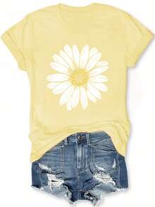 Camiseta de Verano para Mujer con Estampado de Flores de Margarita, Cuello Redondo Ajustado - Estilo Casual Retro, Unisex, Camiseta de Manga Corta de Algodón Cómoda, Nueva Colección de Veran - Amarillo - Ver 6