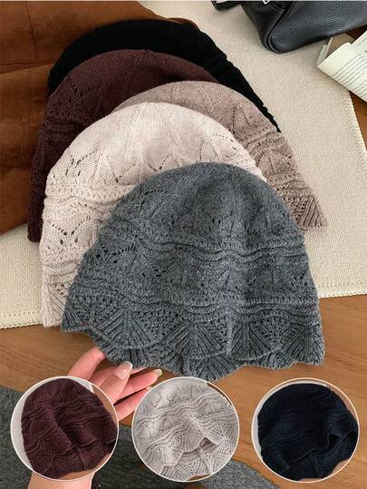1pc Soft Breathable Hollow-Out Casual Knit Beanie, Frill Trim Design, Cozy Atmosphere, Suitable For Spring, Autumn & Winter