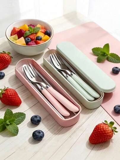 4件套可重复使用不锈钢餐具套装，便携，适合野餐、露营、旅行、居家、办公、学校、送礼