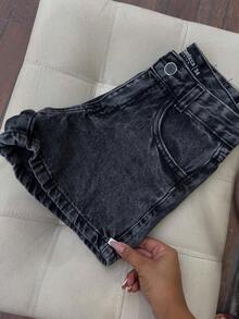 Lavender Blue Denim Shorts With Details, Sizes 34 To 52 Plus Size. - Flint Stone - View 2