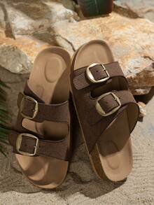 Sandalias planas cómodas con hebilla de metal hueco para mujer, adecuadas para verano, vacaciones en la playa, temporada de graduación, pantuflas para el hogar, zapatos para primavera y Pascua, nuevos zapatos casuales con suela de corcho suave, regalo para el Día de la Madre - Café integral - Ver 6
