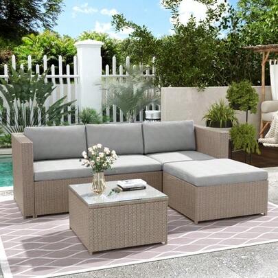 Polyrattan Lounge Sofa Set, Lounge Garden Furniture, Corner Sofa, Sofa Set With Seat And Back Cushions, Lounge Table With Glass Top, Khaki