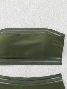 Bộ bikini hai mảnh cạp cao, phối lưới tương phản màu đen trơn, thích hợp cho kỳ nghỉ hè ở bãi biển. - xanh quân đội - Xem 5