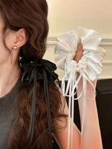 1pc Women's Satin Bow Scrunchie With Long Ribbon, Ballet Style Hair Tie, High-End Hair Accessory - Multicolor - View 1