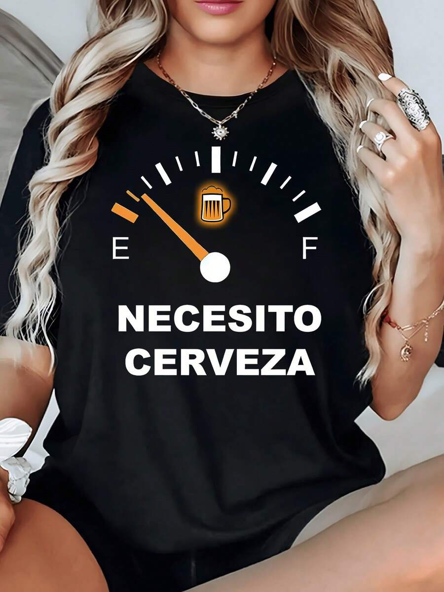 Indicador de combustible con jarra de cerveza luminosa que representa de manera divertida la necesidad de relajarse después de un día largo camiseta de mujer casual 220g - Negro - Ver 1