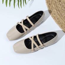 复古学院风玛丽珍鞋，三条绑带设计，百搭休闲女鞋 - 杏色 - 查看 14