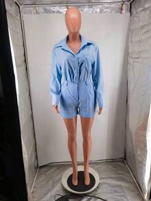 European And American Women's Clothing, New, Casual Short Trousers, Long-Sleeved Shirt Set.,Conjunto De Mujeres Elegantes - 淺藍色 - 查看 3