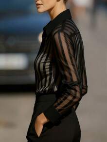 Elegant Women's Black Sheer Striped Shirt Collar Blouse, Long Sleeve Woven Shirt For Modern Fashionable Look Vacation Spring - Black - View 7