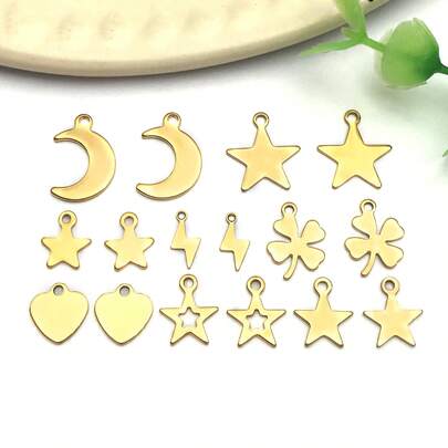 10个不锈钢金色吊坠，心形、月亮、星星、四叶草金属吊坠，适用于DIY项链、手链、耳环等工艺品制作。