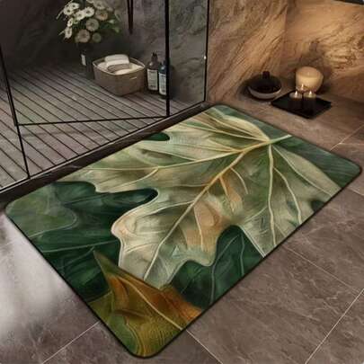 1pc Soft Green Leaf Pattern Diatomite Bath Mat - Suitable For Bathroom, Kitchen, Bedroom, Entryway, Laundry Room, Toilet, Bathroom Accessories, Spring/Summer Theme