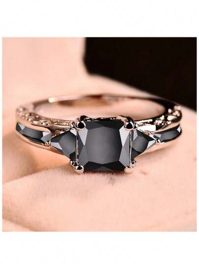 优雅银色时尚戒指，公主切割黑色立方氧化锆，适合女士佩戴，订婚结婚首饰