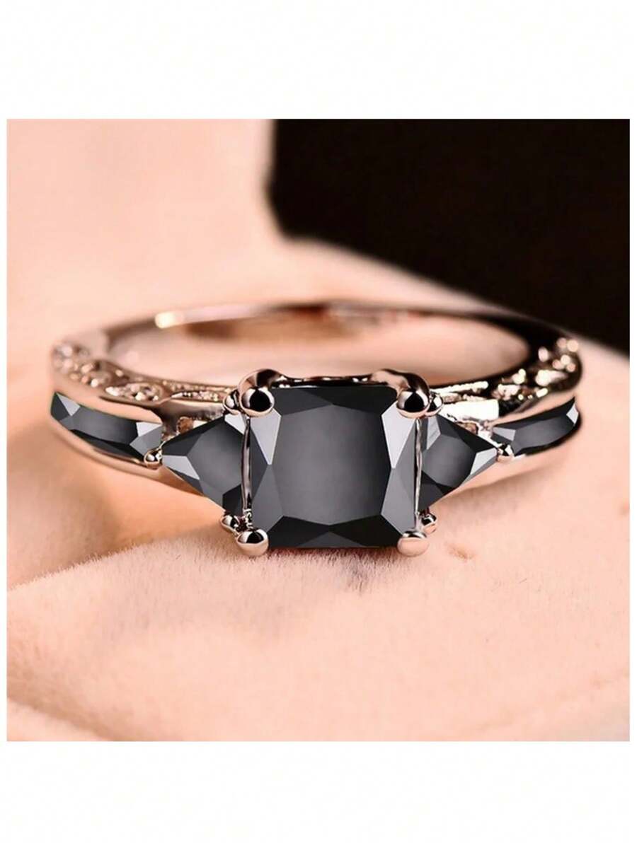 优雅银色时尚戒指，公主切割黑色立方氧化锆，适合女士佩戴，订婚结婚首饰 - 黑色 - 查看 1