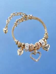 NAIZHU 1pc Fashionable Vintage Heart & Cross Charm Bracelet For Women, Suitable For Daily Wear, Dates, Parties, Valentine's Day, Mother's Day Gift - Gold - View 2