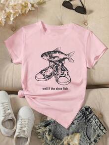 女士休闲T恤，时尚百搭的露肩设计，简约优雅的休闲风格，适合日常穿着，粉色夏季款，印有英文/鱼/鞋图案 - 粉色 - 查看 2