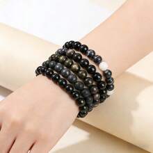 黑色天然石圆珠手链，波西米亚风，灵气疗愈弹力饰品，日常佩戴，热门款 - 黑色 - 查看 4