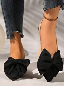 Sandal đế bằng nữ, thiết kế nơ xinh xắn, đa năng cho mùa hè, kiểu dáng thanh lịch Pháp với mũi nhọn, phối màu độc đáo, thích hợp cho tiệc tùng và kỳ nghỉ biển, món đồ thiết yếu cho mùa xuân/hè. - màu đen - Xem 5