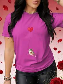 1 Women's Short Sleeve T-Shirt With Bird And Heart Balloon Print - Romantic And Cute Blouse For Valentine's Day Looks, Spring And Summer Casual Wear, Machine Washable Crop Top (Only 1 Piece) - Ideal For Layering And Everyday Style - 粉色 - 查看 1