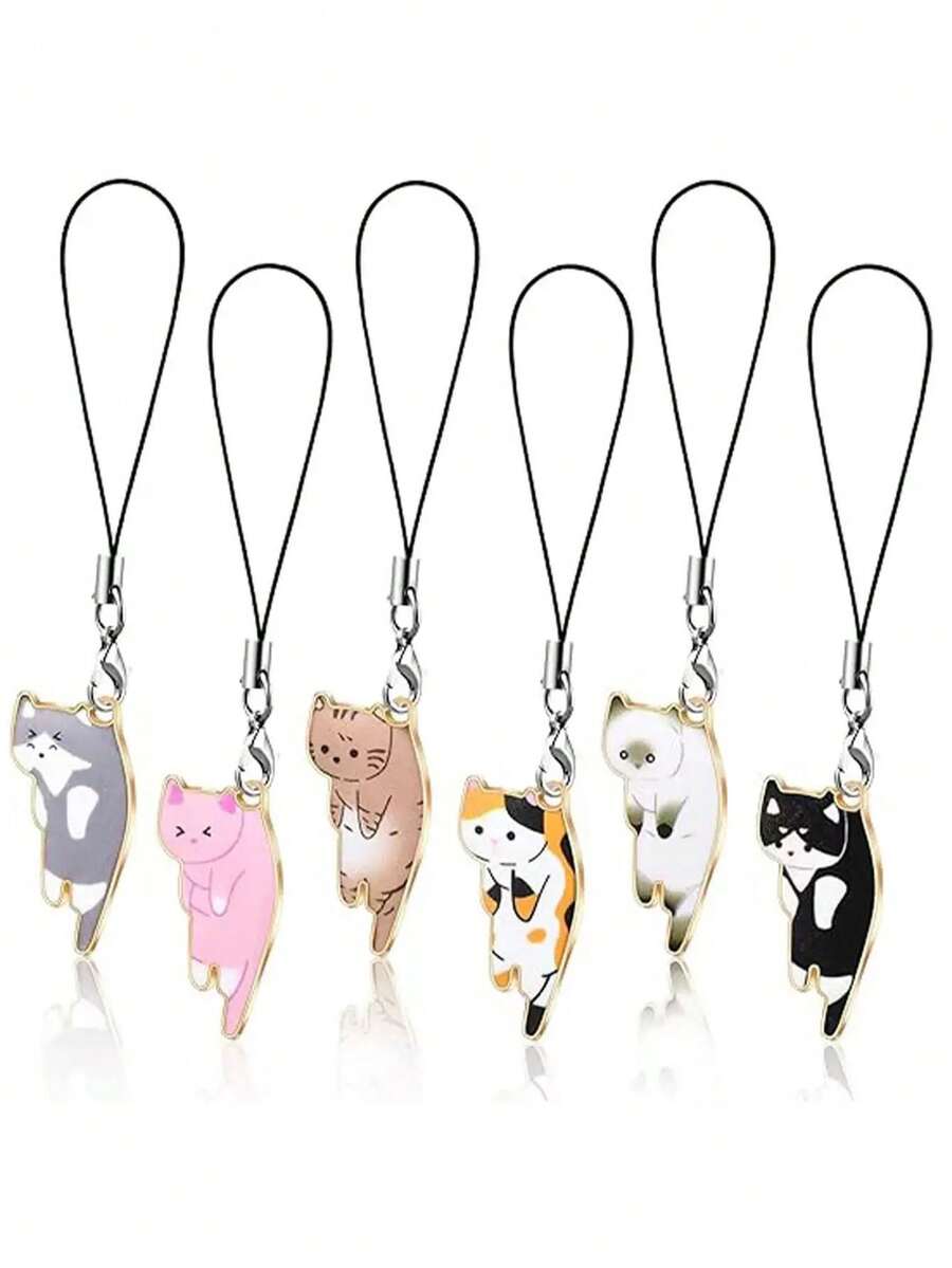 可爱猫咪元素 6 件套卡通猫手机挂件独特动物包包挂饰套装多功能钥匙扣春季生日礼物 - 彩色 - 查看 1