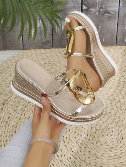 Sandalias de cuña con suela gruesa de plástico dorado para mujer, sandalias abiertas de cuña, zapatos casuales multifuncionales de moda, de fácil puesta, ligeros y cómodos, para combinar, adecuados para el hogar, primavera/verano, al aire libre, vacaciones campestres casuales, moda callejera, chanclas de playa