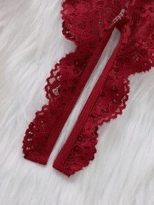 1 bộ áo liền thân ren hoa màu đỏ rượu vang, chất liệu xuyên thấu, có dây đeo mảnh. - Màu Đỏ Sâu - Xem 5