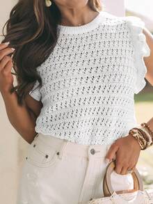 Blusa de mujer de punto a rayas sin mangas, blusa ligera de cuello redondo con volante en el bajo de manga corta en color blanco - Blanco - Ver 5