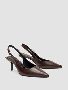 7cm Tacones altos de color marrón café, tacones de fiesta de punta afilada y tira trasera, zapatos formales de boda - Marrón - Ver 1