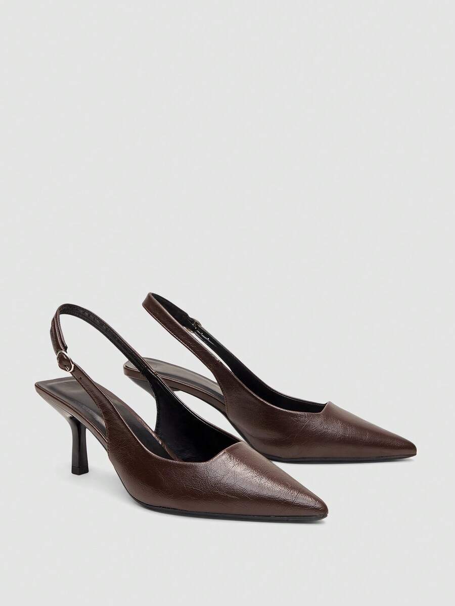 7cm Tacones altos de color marrón café, tacones de fiesta de punta afilada y tira trasera, zapatos formales de boda - Marrón - Ver 1