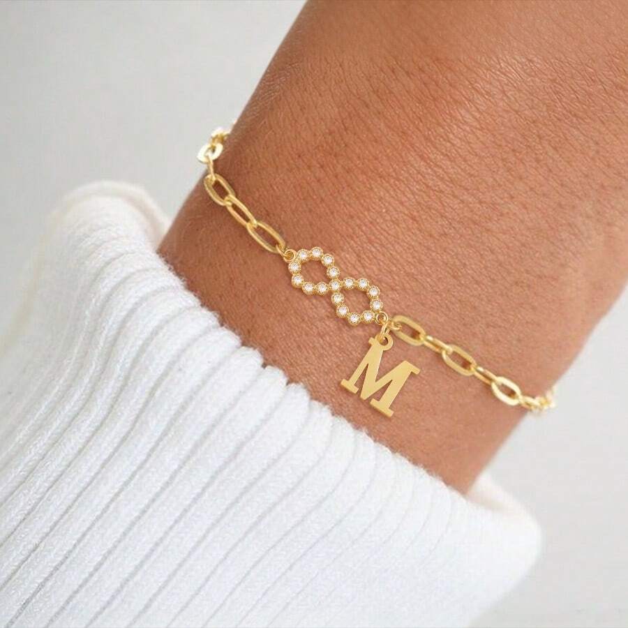 1pc Simple Classic Infinite Symbol Initial Golden Stainless Steel Paper Clip Chain Bracelets For Women - Yellow Gold - View 1