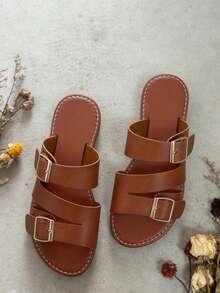 Women's Open Toe Double Strap Sandals, Vintage Minimalist Design Suitable For Beach Vacation, Adjustable Straps, Pair With Wide Leg Pants And Midi Skirts To Enhance Casual Chic Vibe - Brown - View 7