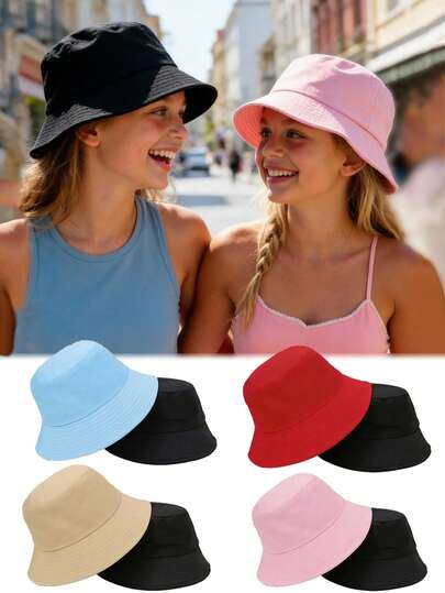 2pcs Kids Solid Color Bucket Hat, Unisex Casual Versatile Sun Ion Bucket Hat, Outdoor/Student