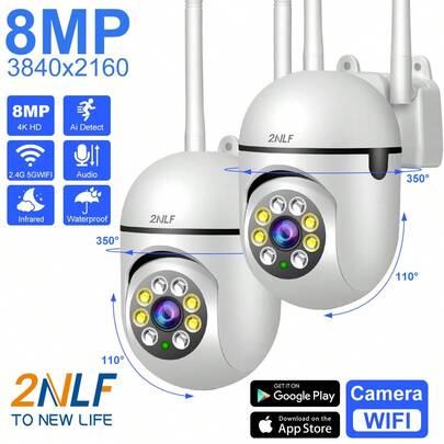 2NLF Pack 2 Cámaras WiFi Inalámbricas de Vigilancia 8MP | WiFi6 Banda Dual 2.4G/5G | Zoom 4X | Seguimiento AI de Personas | Audio Bidireccional | Visión Nocturna Color HD 1080*1920 | PTZ 360° | IP66 Impermeable | Almacenamiento MicroSD/Nube | Compatible 390eyes | Ideal para Hogar, Exteriores y Oficinas