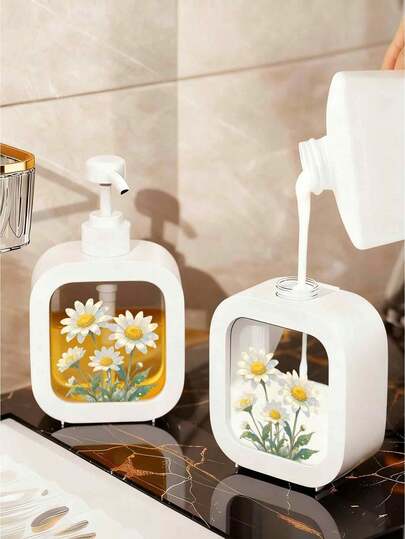 Creative Home Bathroom Dispenser With Hand Pump - Blooming Daisy, Fresh And Natural Design, Suitable For Bathroom, Kitchen, Sink - For Soap, Hand Sanitizer, Body Wash, Etc. - Creative Lotion Bottle, Lotion Dispensers, Dispensers, Bathroom Accessories