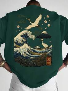 Oversized Streetwear Tee With Hokusai Wave Art - 's Japanese Ukiyo-E Great Wave & Crane Print T-Shirt - Loose Fit Summer Shirt For Japanese Culture Fans, Machine Washable Casual Wear ( Sizing) - Black - View 9