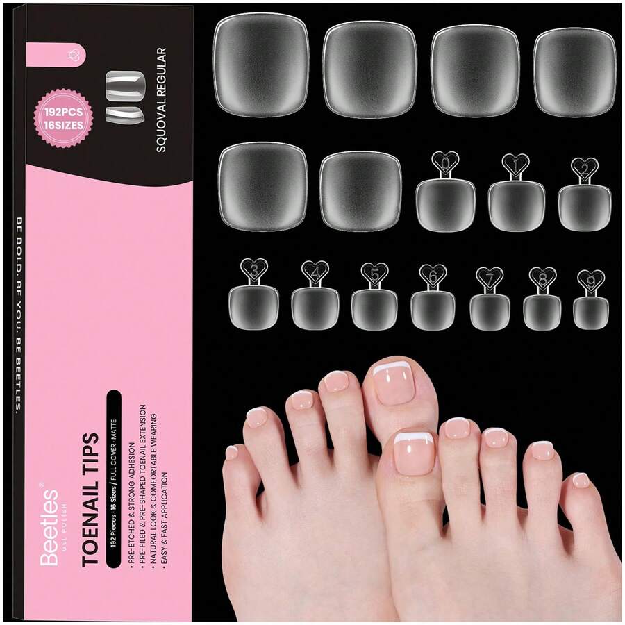 Beetles 16 Sizes 192 Pcs Square Toe Nail Tips - Full Cover Fake Acrylic Toenails, Pre-Etched Double Matte Press On, Soft Gel Toe Nail Extensions For Women - Square Short 192pcs (Toe Nail Tips) - 查看 1