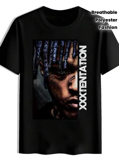 Men'S Black Graphic T-Shirt With Bold Letter Print - Casual Short Sleeve Round Neck Summer Tee, Breathable Polyester For Travel, Beach, Dates & Festivals - Stylish Gift For Music Fans